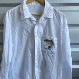 Vintage 70's Fish Button Up Shirt Large L Retro Embroidered Fishing Shirt Nature